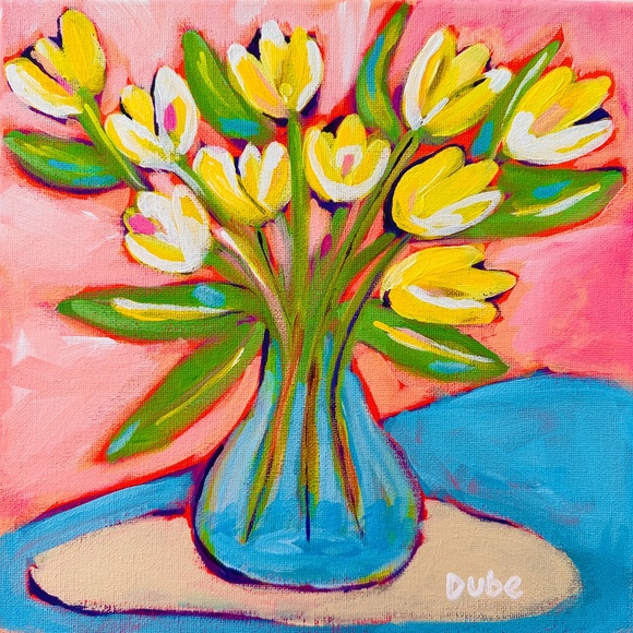 Original Painting Abstract Collectible Yellow Tulips Stems Water 10"x10" Canvas - Picture 1 of 11